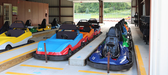 Go-karts in the loading dock ready for a race